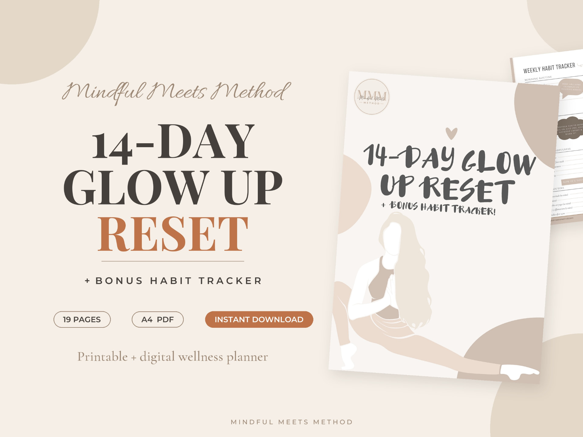 14-Day Glow Up Reset printable wellness planner — 19 pages, A4 PDF, instant download